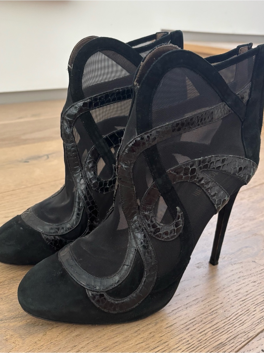 Roberto Cavalli Black Suede & Mesh Stiletto Ankle Boots